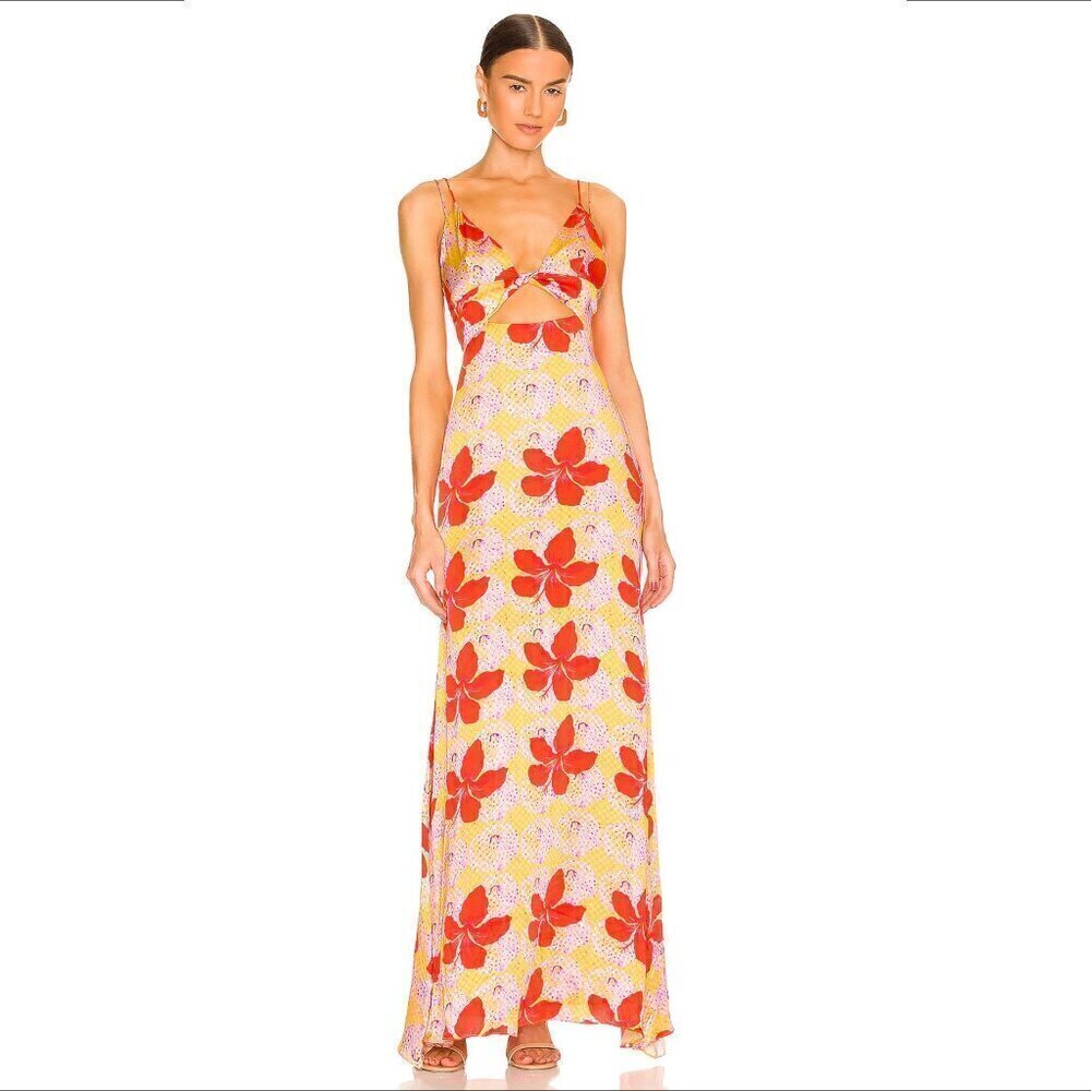 Yaura Tinuke maxi dress hibiscus floral yellow orange purple cut-out corset 6